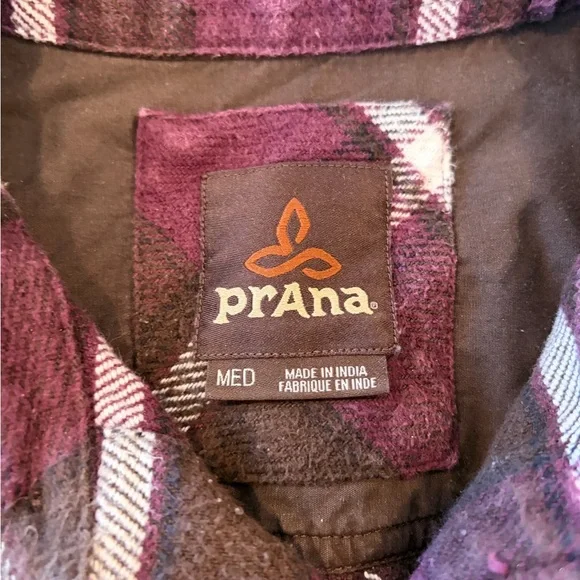PrAna Channing Men’s Flannel Shirt Purple Brown Plaid Organic Cotton Medium - Picture 3 of 8